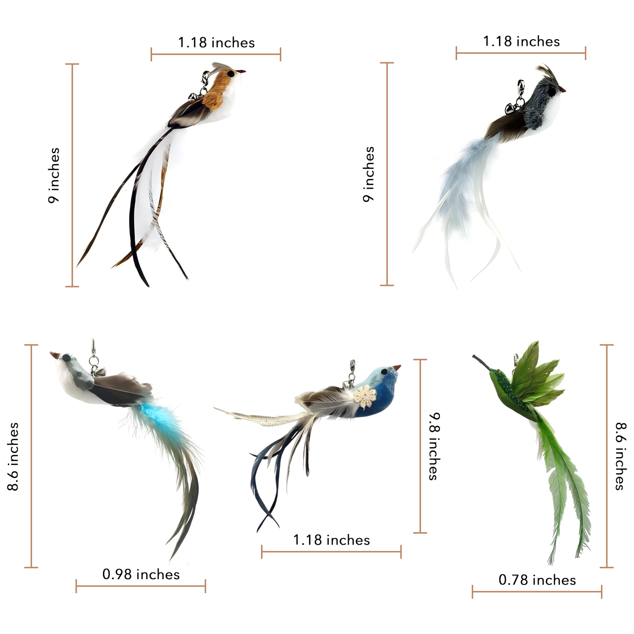 Cutie Paw Pal Deluxe Bird Replacement Heads For Cat Toys - Set Of 5 - Realistic Feather Designs Including Blue Floral, Two-Tone,